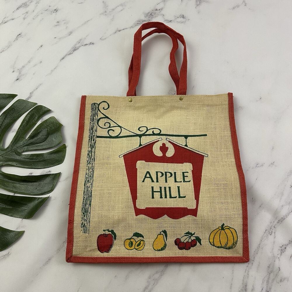 Apple Hill California Vintage 90s Burlap Tote Bag Red Tan Shopper Market Cottage